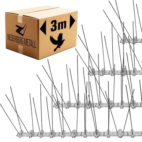 Niederberg Metall Taubenabwehr Spikes - 3 Meter Kunststoff Tauben Abwehrleiste mit 60 Vogel Abwehr Spikes - Taubenabwehr Balkon Vogelabwehr für Dachbalken - Vogelschutz Dach Solaranlage Photovoltaik