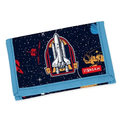 itenga Kinder Geldbörse - Geldbeutel und Brustbeutel - mit Klettverschluss, Kordelband, Geldscheinfach und Münzfach Sichtfenster für Mädchen und Jungen (Motiv Weltraum)