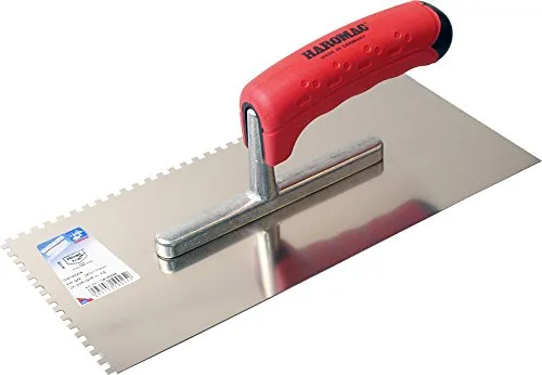 HAROMAC Glättekelle Made in Germany, 4x4 mm gezahnt, rostfreier Edelstahl,2 Komponenten Softgriff, Profiqualität, Glätter, Traufel, Glättscheibe