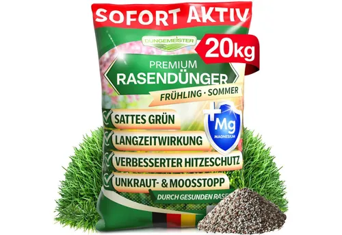 DÜNGEMEISTER Rasen-Langzeitdünger - Premium Dünger für saftiges Grün - Rasendünger für Frühjahr/Sommer, entwickelt in Deutschland. Mit revolutionärer mikrobieller Umsetzung für sofortige, dichte und gesunde Rasenflächen. Hohe Langzeitwirkung und ideal für Neueinsaat.