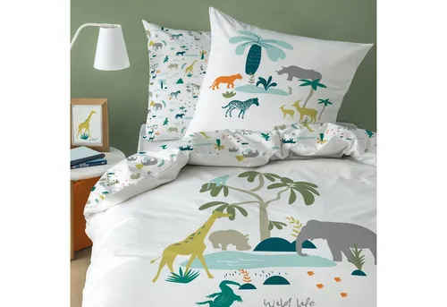 Safari Kinder Biber Bettwäsche 135x200 – Dschungel Abenteuer - Bettwaren-Set für Kinder mit Wende-Motiv, aus 100% Baumwolle in hochwertiger Biber-Qualität, pflegeleicht und ideal für ein gemütliches Kinderzimmer.