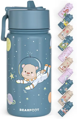 BEARFOOT Thermo Trinkflasche Edelstahl - Astro Bär blau - Bunte Edelstahl-Trinkflasche für Kinder, auslaufsicher mit 400 ml, ideal für Schule und Freizeit – sicher und BPA-frei!