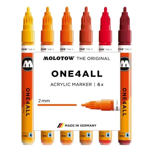 Molotow One4All 127HS Acryl Marker Hot Set - 6 Farben, 2,0 mm Strichstärke - Schreibutensilien: Hochdeckende Acrylmarker für fast alle Oberflächen, nachfüllbar und ideal für kreative DIY-Projekte. Perfekt für Künstler und Bastler!