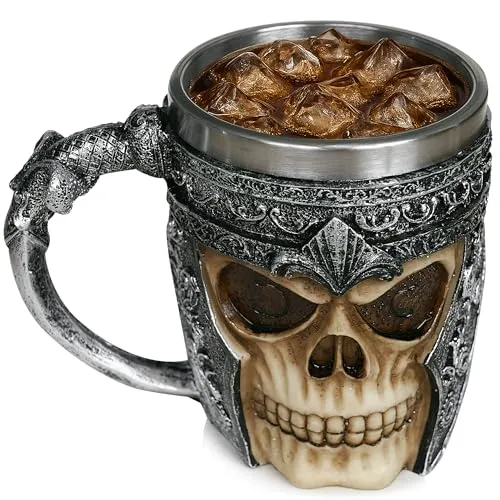PREMIUM 3D Totenkopf Tasse aus Edelstahl für Getränke wie Kaffee, Tee, Cappuccino, Bier I Wikinger Skull Head Becher mit Skelett Schädel Design Optik (1)