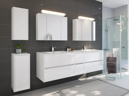 Magnolia Home Waschtisch Badmöbelset Taifun 190cm 5tlg - Elegantes 5-teiliges Badmöbelset in Hochglanz Weiß. Inklusive 2 Spiegelschränken und 2 Badschränken, ideal für stilvolle Badezimmergestaltung.