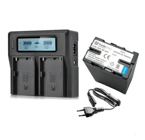 Trade-Shop Dual LCD USB Ladegerät mit 7200mAh Akku - Praktisches Set mit Li-Ion Akku und LCD Dual-Ladegerät. Ideal für den professionellen Einsatz, schnelles Laden von bis zu 2 Akkus gleichzeitig und LED-Anzeige für den Ladestand.