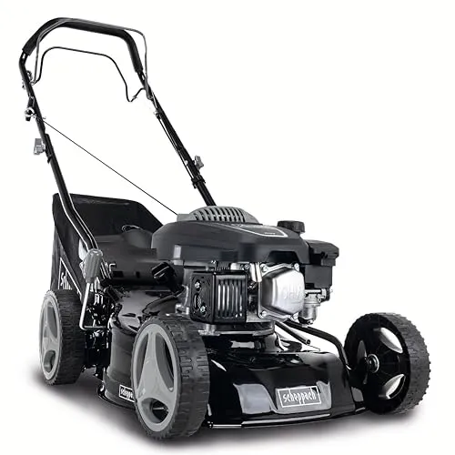 Scheppach MS132-42B Benzin Rasenmäher Black Edition - Sichelmäher für Rasenflächen bis 800m², mit 3,3PS Leistung und 42cm Schnittbreite. Zentrale Schnitthöhenverstellung in 7 Stufen und praktische Fangbox mit Füllstandsanzeige.