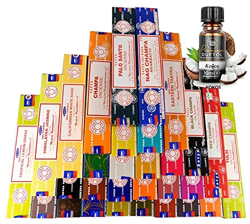 Indische Räucherstäbchen Set 30 x Satya Nag Champa, zufällige Düfte a 15g + EIN original Teufelsküche Premium Duftöl