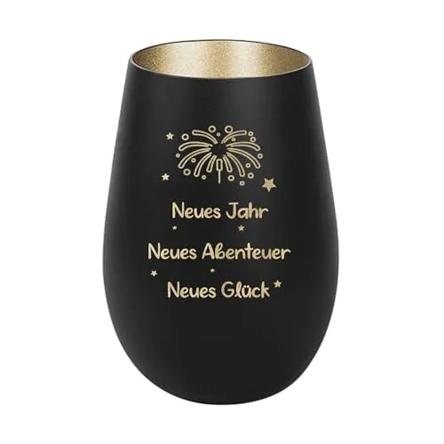 Der-Porzellan-Laden Windlicht mit Gravur Neues Jahr, Neues Abenteuer, Schwarz Gold, Teelichthalter Neujahr aus Glas, Silvesterdeko Tischdeko