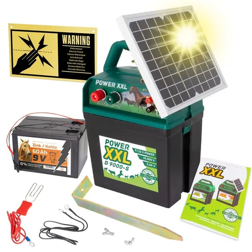 Weidezaungerät Power XXL B9.000-S 9V 12V - Batteriebetriebenes Weidezaungerät mit integriertem Warnschild für optimale Sicherheit, ideal für Pferdehaltung.