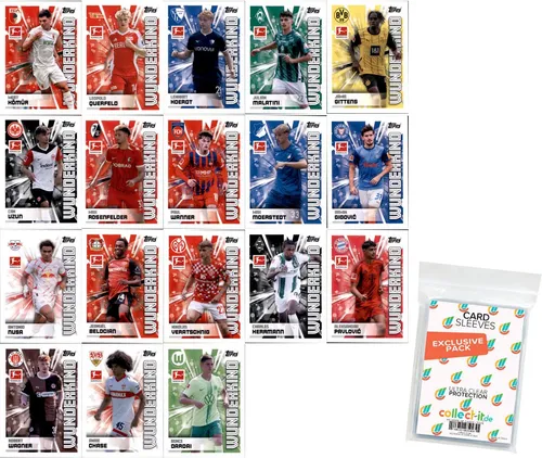 Topps Sammelkarte Bundesliga Sammelsticker 24/25 Alle 18 Wunderkind Sticker + Sleeves