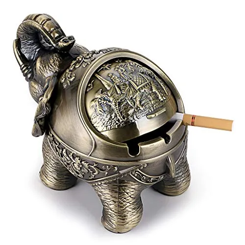 BSTKEY Windfester Vintage-Aschenbecher mit Deckel – Elefanten-Form, Tisch-Aschenbecher, für drinnen und draußen, Retro, für Zuhause, Büro, Dekoration Grünes Bronze