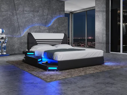 Stilvolles Designer Doppelbett in Weiß 180x200 cm mit LED-Licht