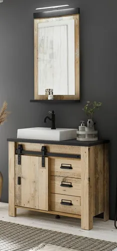 Furn.Design Badezimmer-Set Stove, 95 cm - Badmöbel-Set in Used Wood mit Soft-Close Schubkästen und LED-Spiegellampe, ideal für stilvolle und platzsparende Badezimmerlösungen.