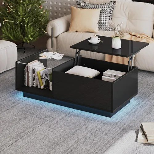 STILVORA Couchtisch Höhenverstellbarer Wohnzimmertisch Schwarz mit Stauraum und AblageKaffeetisch Sofatisch mit LED