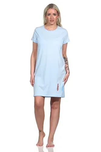 Damen Nachthemd halbarm, Bigshirt mit Feder- und Pfeil-Motiv - 122 214 10 754, Farbe:blau, Größe:36-38