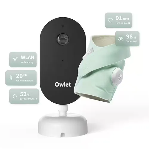 Owlet Dream Duo – Smart Baby Monitor mit Dream Sock® - Babyphones mit präzisem Dream Sock Sensor zur sanften Überwachung von Herzfrequenz und Sauerstoffwerten. 2K HD Kamera mit Nachtsicht und App-Steuerung für sicheres Baby-Monitoring.