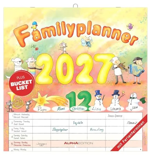Familienplaner Cartoon 2027: Wandkalender 30x30 cm mit 6 Spalten, Schulferien & 4-sprachigem Kalendarium, ideal für Familienorganisation