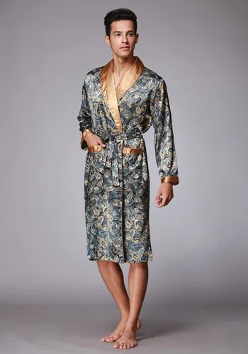 Vivi Idee Morgenmantel Herren Schlafmantel Bademantel kimono lang leicht satin Sauna