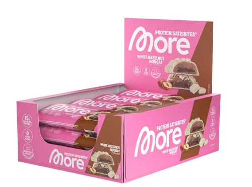 MORE Protein Satisbites, 12er Box Proteinriegel, White Hazelnut Nougat, 16 g Protein pro Portion