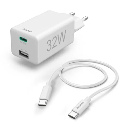 Hama Schnellladegerät 32 W mit USB-C und USB-A - Netzteile & Ladegeräte: 32W PD Schnellladegerät mit 1m USB-C Kabel, ideal für schnelles und praktisches Laden von Geräten.