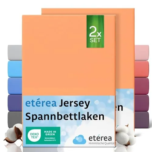 etérea Jersey 2er Set Spannbettlaken 80x200cm Pfirsich bis 20 cm Höhe - 100% Baumwolle Spannbetttuch Oekotex - Kinder Spannbettlaken Bed Sheets - Doppelpack Bettlaken 80x200 cm - Peach