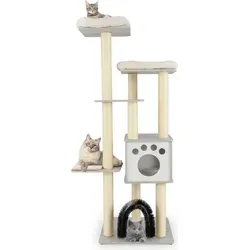 GOPLUS 6-stufiger Kratzbaum aus Holz für Katzen - Grau - Robuster 6-stufiger Katzenkratzbaum mit gemütlichem Katzenhaus und weichen Kissen. Ideal zum Spielen und Ausruhen, sorgt für viel Platz und Stabilität. Perfekt für Katzenliebhaber!