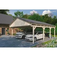 Skan Holz Carport Fichtelberg 618 cm x 808 cm - Doppelcarport aus stabilem Leimholz mit 8 soliden Pfosten, ideal für zwei Fahrzeuge. Hohe Tragfähigkeit und atmungsaktive Dachkonstruktion für optimale Wetterbeständigkeit.