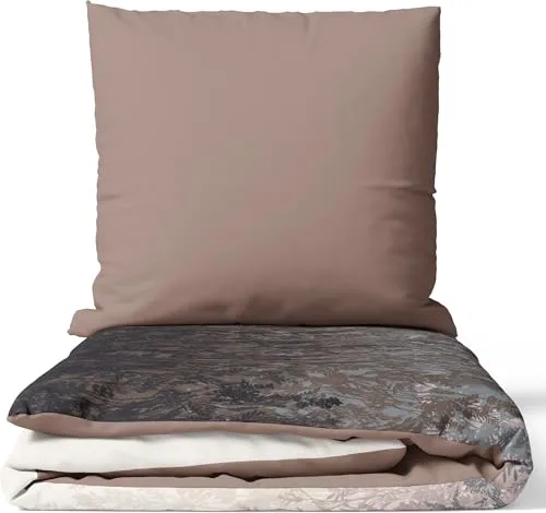Leonado Vicenti Renforcé Bettwäsche 135x200 cm 80x80 cm 100% Baumwolle 4-Jahreszeiten Florales Design Braun Beige Schwarz Set mit Verdecktem Reißverschluss Wendebettwäsche