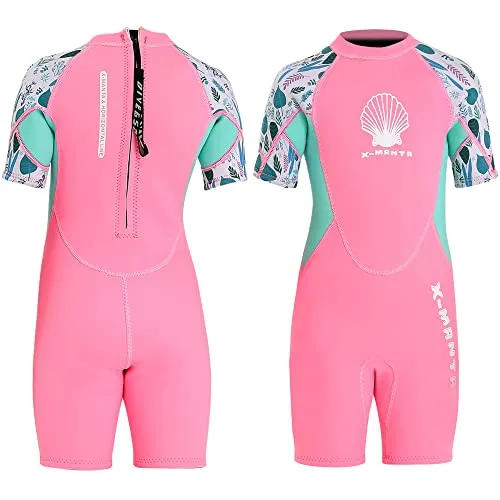 NATYFLY Neoprenanzug Kinder 2.5mm Neopren Thermal Badeanzug Jungen Mädchen Lange/Kurze Ärmel Tauchanzug Zurück Reißverschluss Einteilige Badebekleidung (9. Neues Rosa-2/Kurze Ärmel, 6-8 Jahre)