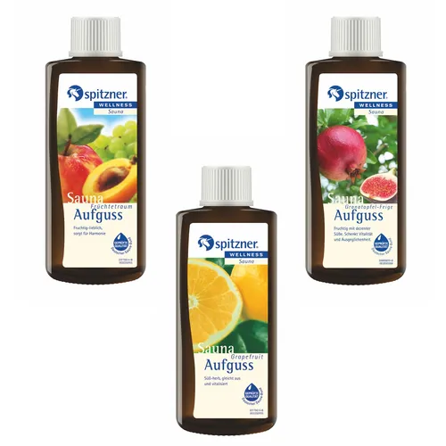 Spitzner Saunaaufguss Vorteilspack Früchtetraum Grapefruit - Sauna-Aufgüsse mit 3 fruchtigen Düften: Früchtetraum, Grapefruit und Granatapfel-Feige. Ideal für gesundes Schwitzen und entspannende Saunaerlebnisse.
