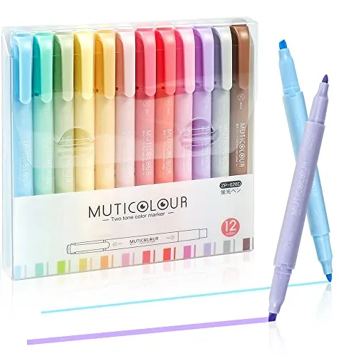 EooUooIP Textmarker Pastell, 12 Stück Doppelspitzen Textmarker und Marker, Verschiedene milde Farben, Schulbüro Schreibwaren, Bullet Journal Zubehör