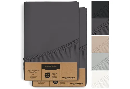 Hausfelder Spannbettlaken 2er Set Spannbettlaken Topper 140x200,bis 15cm Matratzenhöhe,Anthrazit, Jersey-Baumwolle, Gummizug: rundum, (2 Stück), bis 15cm Steghöhe, verschiedene Farben und Größen