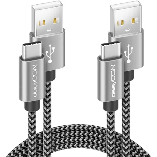 deleyCON USB-C Kabel SET (2 Stück je 2m) Nylon Ladekabel Datenkabel USB Typ C Metallstecker Laden & Synchronisieren von Handy & Smartphone