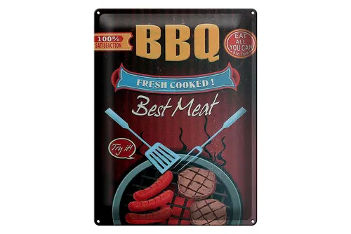 Femer GmbH Metallschild Reklame 30x40 cm BBQ Fresh cooked Eat all you can, (1 St), gewölbte Oberfläche, abgerundete Ecken, umgeschlagene Kanten