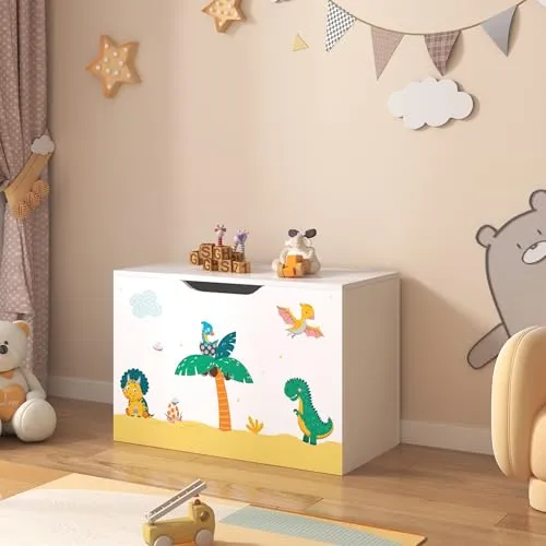 [en.casa] Spielzeugkiste Oleiros mit Dinosaurier Motiv - Truhen & Kisten für Kinder – Aufklappbarer Deckel für einfachen Zugriff und vielseitig nutzbar als Sitzgelegenheit, ideal für das Kinderzimmer.