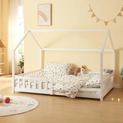 [en.casa] Kinderbett Hesel Hausbett Weiß 140 x 200 cm - Kinderbettausstattung mit charmantem Hausdesign und Rausfallschutz, ideal für ein sicheres und einladendes Schlummerparadies.