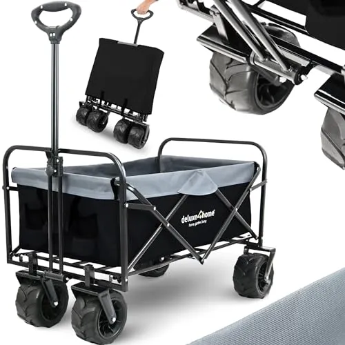 deluxe4home® Faltbarer Bollerwagen in Schwarz - Bollerwagen für vielseitige Transporte, ideal für Familienausflüge und Camping. Mit breiten Reifen für Geländetauglichkeit und 2 Netztaschen für einfache Organisation.