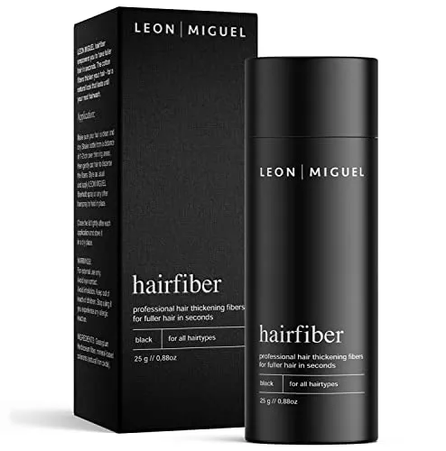 LEON MIGUEL Hair Fiber - Haarverdichtung mit Soforteffekt für volles Haar (Schwarz) - In nur 10 Sekunden zu einem natürlichen, voluminösen Haarlook. Ergibt 50-60 Anwendungen, einfach aufzutragen und dermatologisch getestet. Ideal für Männer und Frauen, schnell auswaschbar.