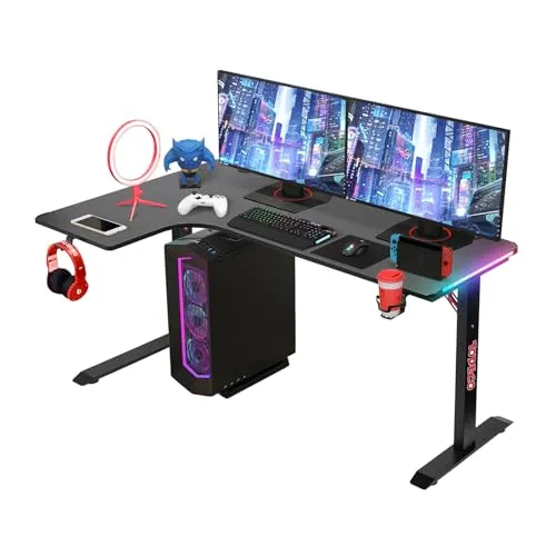 Todeco L-förmiger Gaming-Computertisch mit LED-Leuchten, Eckschreibtisch 140 x 100cm Gaming Schreibtisch, PC Tisch Gaming mit Kohlefaseroberfläche, mit Kopfhörerhaken Getränkehalter