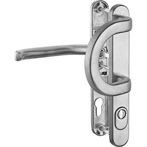 Schmalrahmen-Garnituren Haustür Edelstahl mit Zylinderabdeckung - Türbeschläge in Edelstahl mit federnd gelagerter Zylinderabdeckung, ideal für Haustüren mit 5-10mm Zylinderüberstand und für Türstärken von 64-70mm.