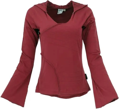 GURU SHOP Elfen Hoody Flower of Life – Bordeauxrot, Damen, Size:M - Stylischer Kapuzenpullover mit langem Schnitt und 'Flower of Life' Druck. Die Ziernähte verleihen dem Shirt eine besondere Note und sorgen für einen modischen Look.
