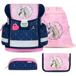 Belmil Classy Schulranzen Set 4-teilig - Amazing Horses - Rosa - Ergonomisches Schulranzen Set für Mädchen, leicht und wasserdicht. Ideal für die Grundschule mit reflektierenden Elementen für mehr Sicherheit.