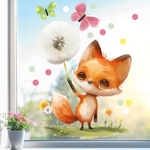 Sunnywall Fensterbild Fensterdeko Fuchs Pusteblume Fensteraufkleber statisch selbstklebend beidseitiger Druck Aufkleber Fenstersticker WIEDERVERWENDBAR A4
