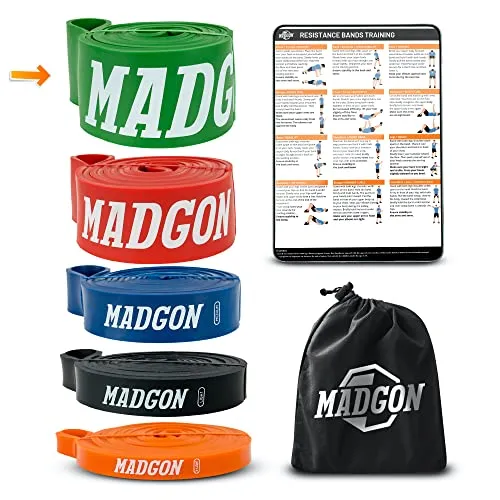 MADGON Resistance Bänder (als Einzelband in 5 Stärken oder im Set). Reißfeste & haltbare Trainingsbänder mit Beutel und PDF Guide. Widerstandsbänder für alle Muskelgruppen. Fitness Band Loop