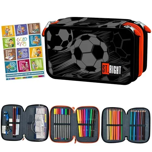 Goldkids Federmäppchen 3 Fächer - Gefüllte Schüleretui mit Classic Ball Motiv - Federmäppchen für Mädchen und Jungen, 46-teiliges Set mit robustem Design und praktischem Reißverschluss für eine ordentliche Aufbewahrung von Schreibwaren.