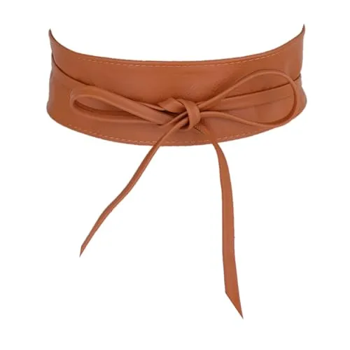MIRROSI Taillengürtel Wickelgürtel aus Echtleder, Schleife mit breitem Bund (mit breitem Bund zum Wickeln (7cm Breit, 265cm lang) OBi Gürtel, Bindegürtel, Schnürgürtel, Wickelgürt (Cognac)