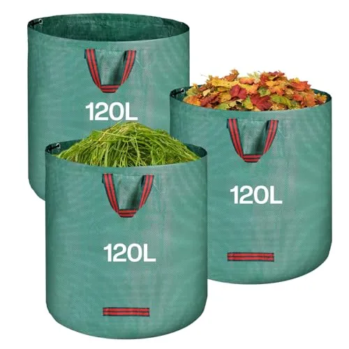QOEOTUY Gartensack 3X 120L - Gartenabfallsack Stabi mit 4 Griffe - Wasserdicht & Faltbar & Wiederverwendbare - Laubsack selbststehend für Gartenabfälle Rasenschnitt Unkraut