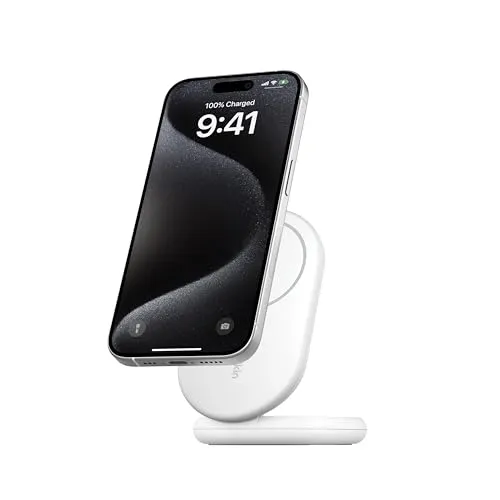 Belkin BoostCharge Wireless Charging Stand - Magnetisch und Faltbar - Kabelloses Qi-Ladegerät mit 15 Watt Fast Charge, MFI-zertifiziert und ideal für schnelles Laden unterwegs.