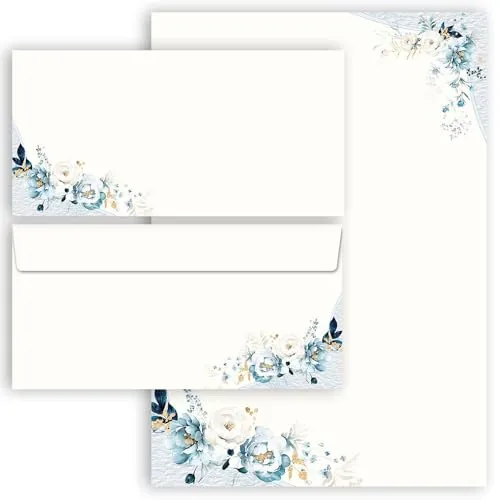Briefpapier Set, 20 tlg. BLAUE BLUMEN, 10 Blatt Briefpapier + 10 passende Briefumschläge ohne Fenster, DIN A4 & DIN LANG im Set., Briefpapier mit Umschlag